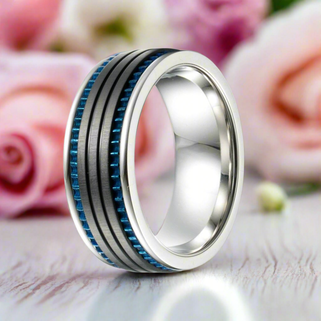 Black Space with Blue Inlay Titanium Steel Ring-Black Diamonds New York