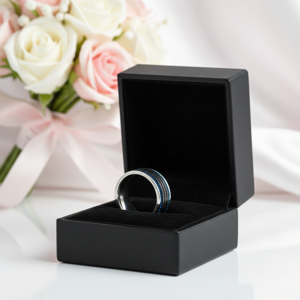 Black ring box with a silver ring inside, placed on a white surface with pink roses in the background.