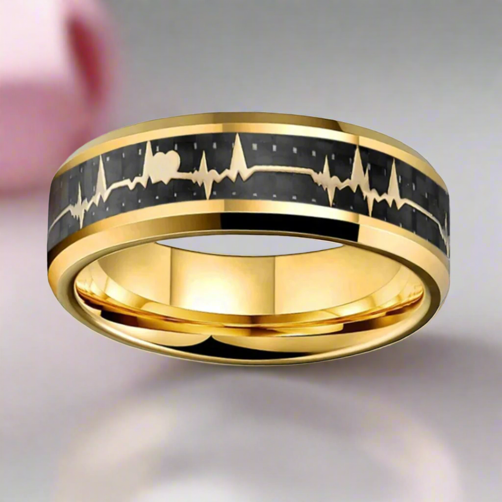 Heart Love Ring with Black Carbon Fiber Inlay Tungsten Men's Ring-Black Diamonds New York