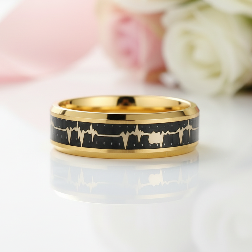 Heart Love Ring with Black Carbon Fiber Inlay Tungsten Men's Ring-Black Diamonds New York