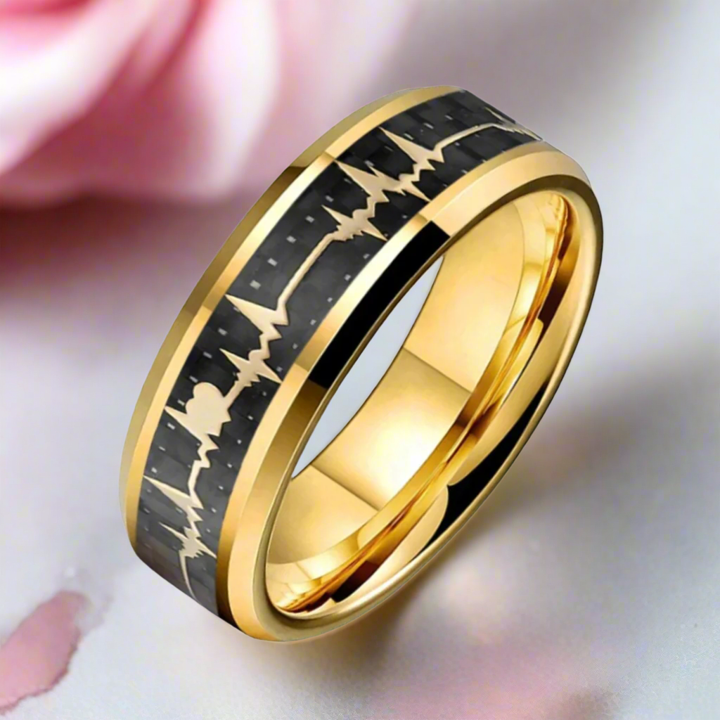 Heart Love Ring with Black Carbon Fiber Inlay Tungsten Men's Ring-Black Diamonds New York