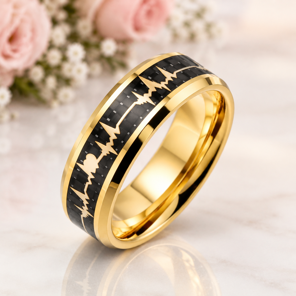 Heart Love Ring with Black Carbon Fiber Inlay Tungsten Men's Ring-Black Diamonds New York
