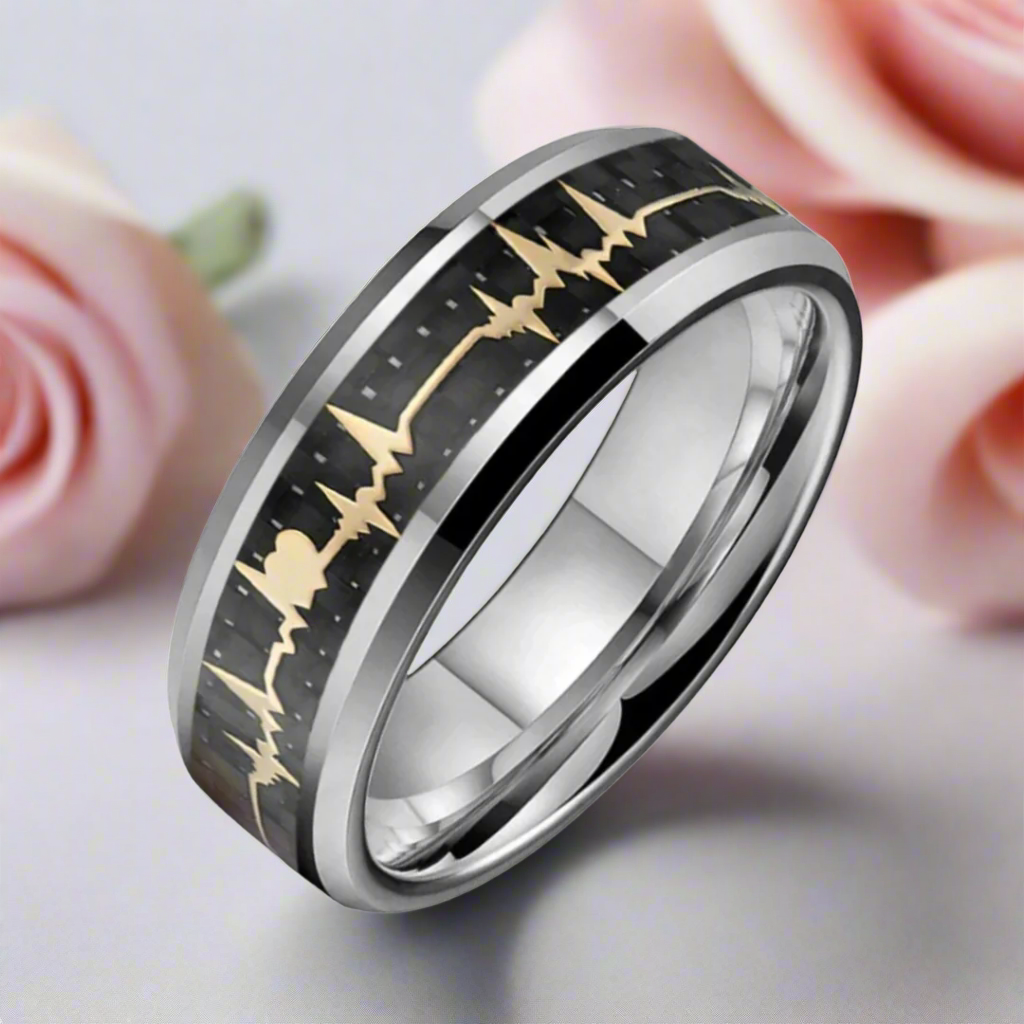 Heart Love Ring with Black Carbon Fiber Inlay Tungsten Men's Ring-Black Diamonds New York
