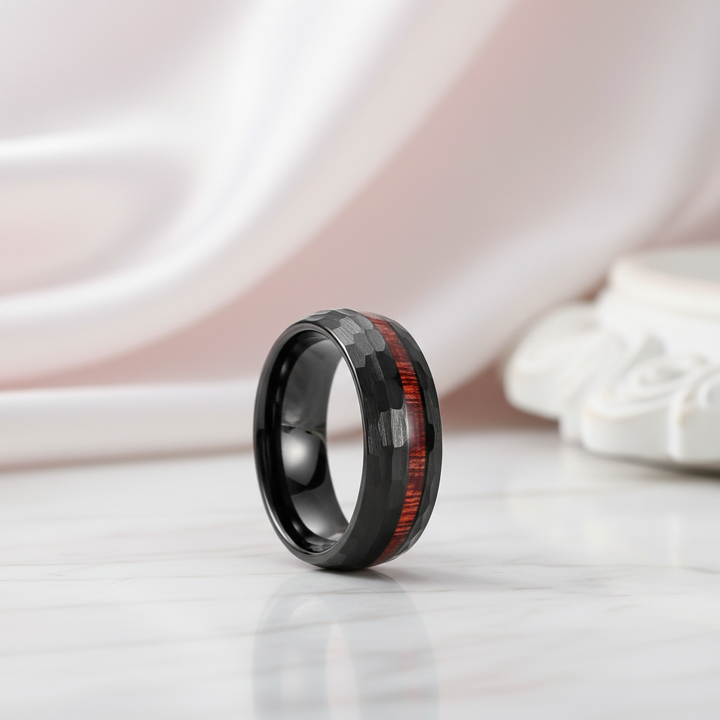 8mm Grooved Hammered Black Tungsten Carbide Men's Rings with Wood Inlay-Black Diamonds New York