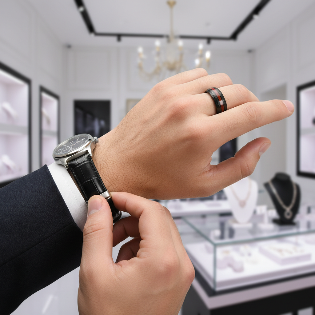 A close-up lifestyle shot of a person in a suit adjusting a black leather watch strap on their wrist, with a black ring featuring a red and gold inlay worn on their ring finger. The background shows a blurred luxury watch and jewelry store interior.