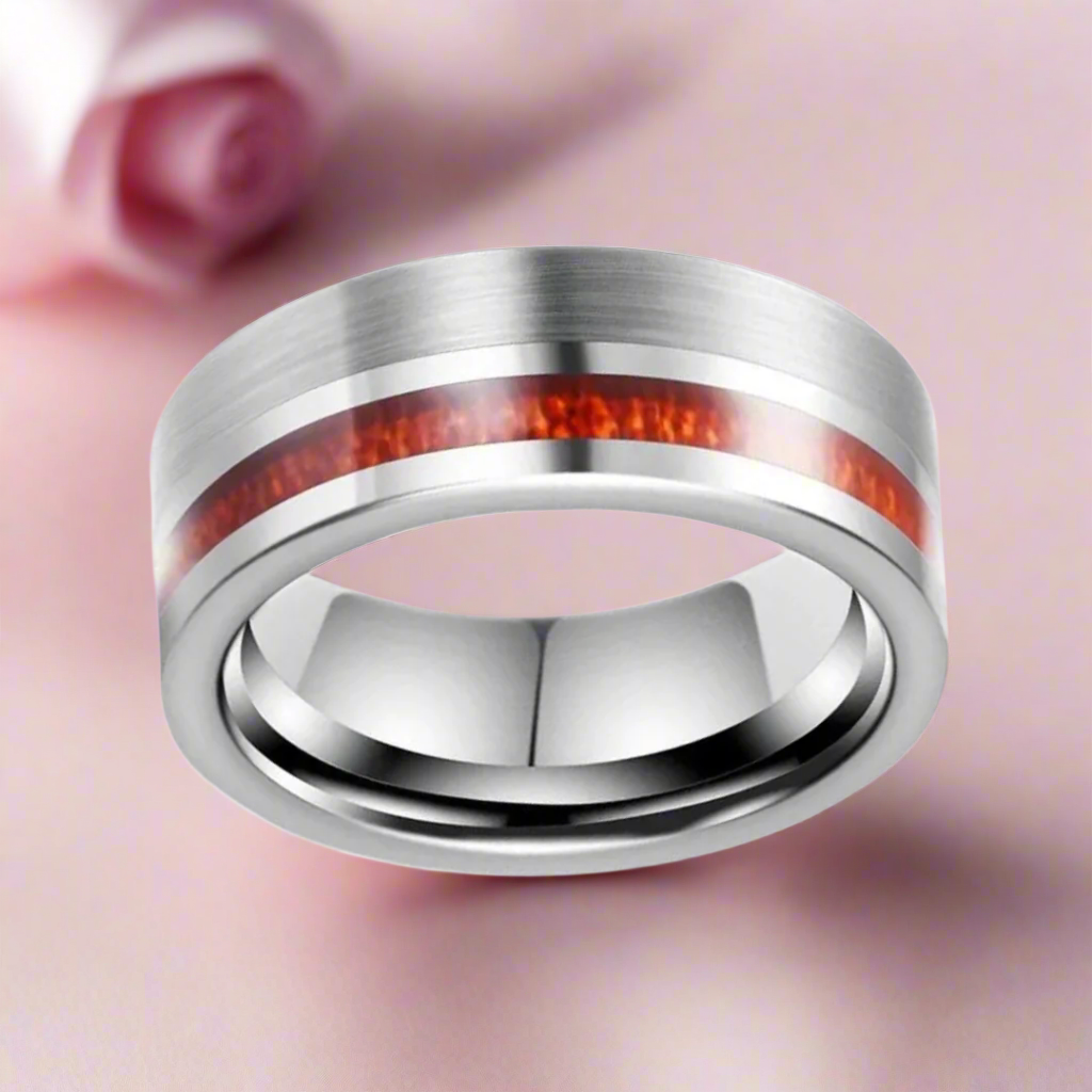 Wood Inlay Brushed Finished Tungsten Carbide Men's Ring-Black Diamonds New York