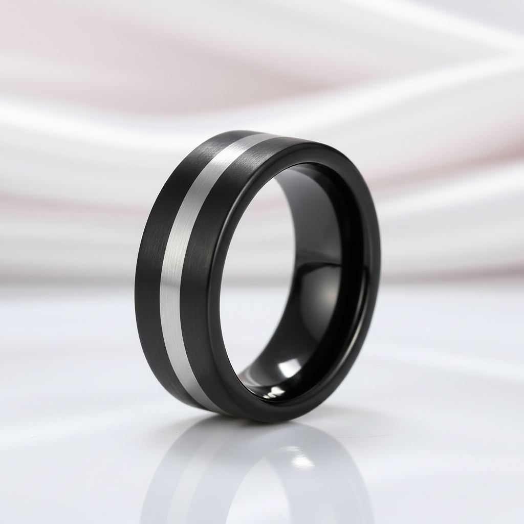 Black Brushed with Silver Line Tungsten Men's Ring-Black Diamonds New York
