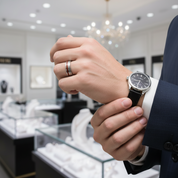 A close-up lifestyle shot of a man's wrist wearing a silver-toned analog watch with a black dial and black strap, set against a blurred luxury watch and jewelry store background.