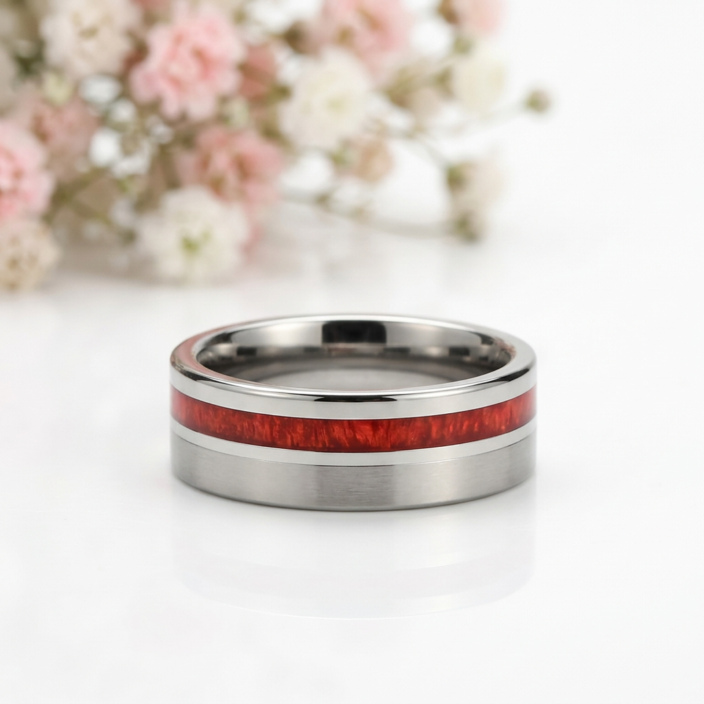 Wood Inlay Brushed Finished Tungsten Carbide Men's Ring-Black Diamonds New York
