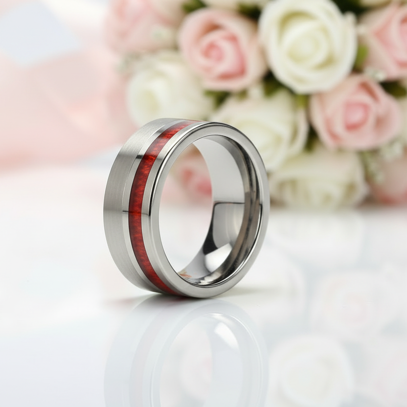 Silver ring with red inlay on a white surface with flowers in the background