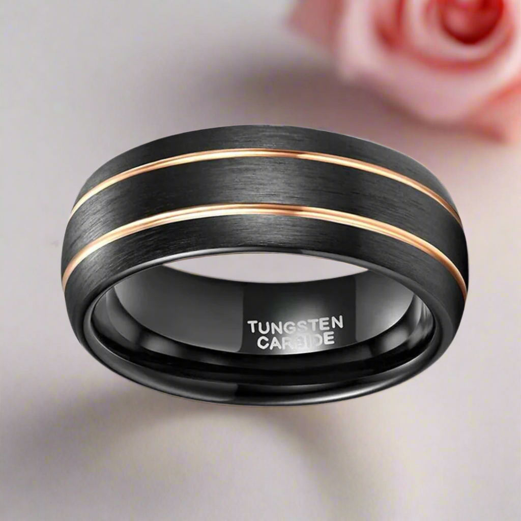 Double Line Inlay Black Tungsten Carbide Men's Ring-Black Diamonds New York