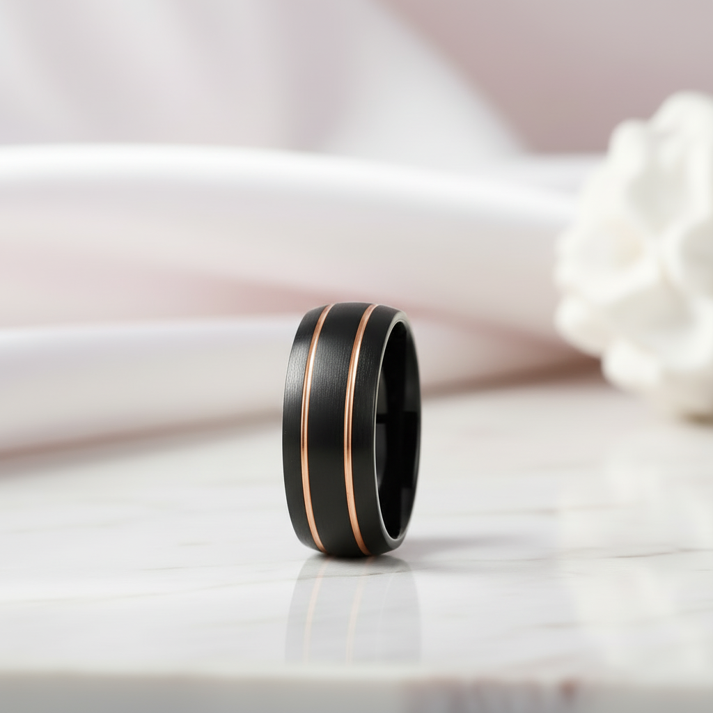 Double Line Inlay Black Tungsten Carbide Men's Ring-Black Diamonds New York