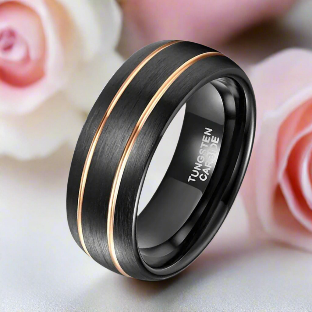 Double Line Inlay Black Tungsten Carbide Men's Ring-Black Diamonds New York