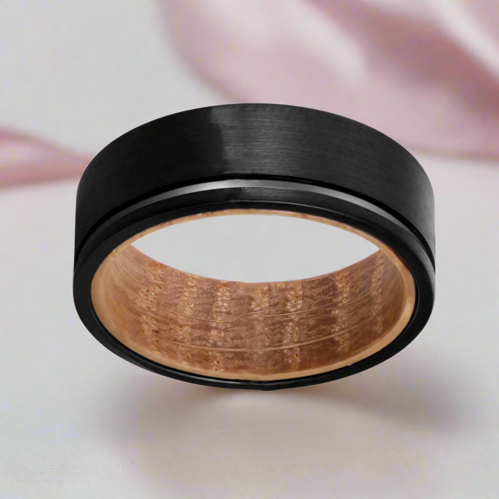 Groove Matte Finish with Inlay Wood Tungsten Carbide Men's Ring-Black Diamonds New York