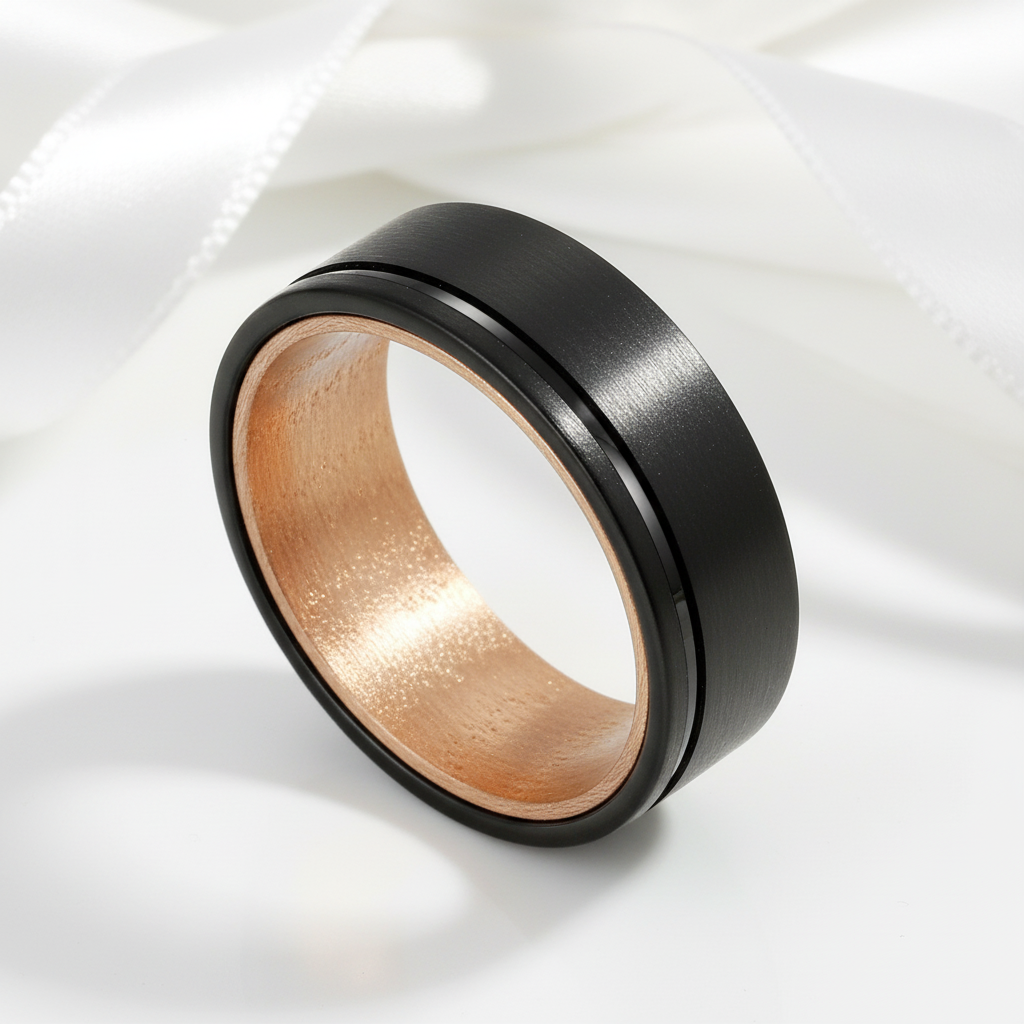 Groove Matte Finish with Inlay Wood Tungsten Carbide Men's Ring-Black Diamonds New York