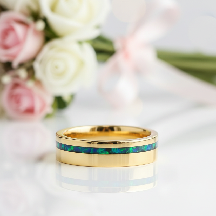 Green Opal Inlay Yellow Gold Tungsten Carbide Men's Ring-Black Diamonds New York