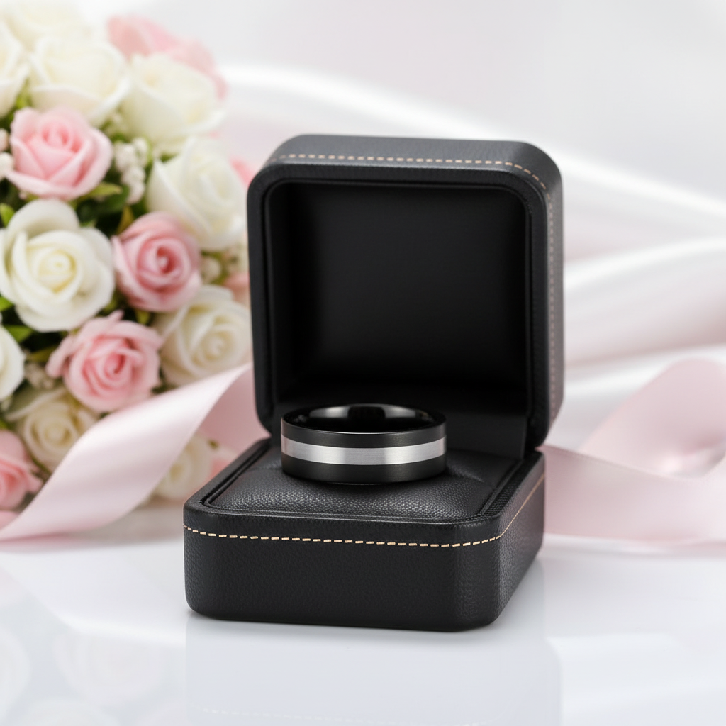 Black Brushed with Silver Line Tungsten Men's Ring-Black Diamonds New York