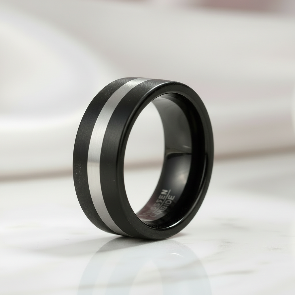 Black Brushed with Silver Line Tungsten Men's Ring-Black Diamonds New York