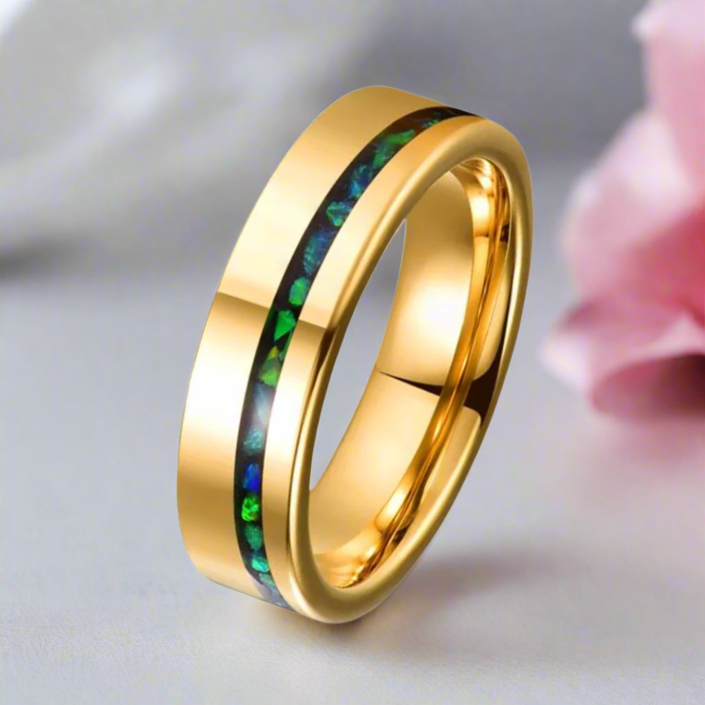 Green Opal Inlay Yellow Gold Tungsten Carbide Men's Ring-Black Diamonds New York