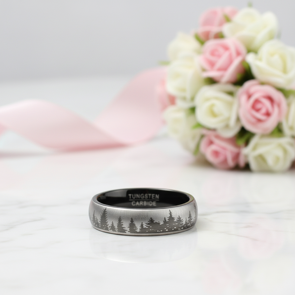 6mm Black Laser Forest Tree Pattern Tungsten Carbide Men's Ring-Black Diamonds New York