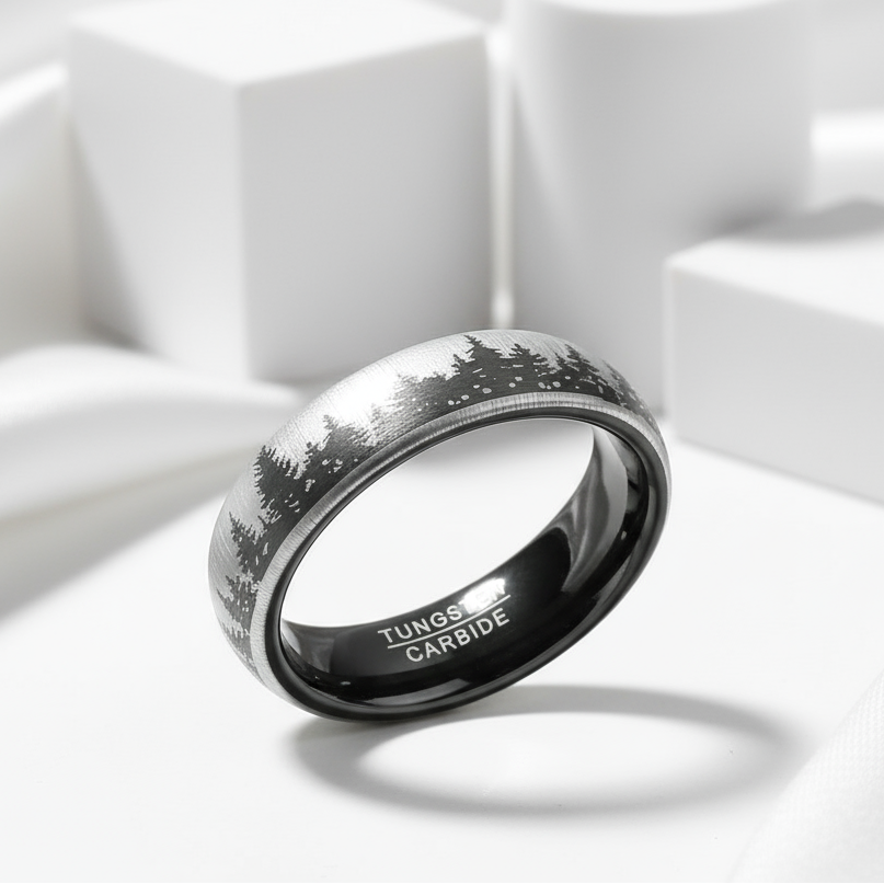 6mm Black Laser Forest Tree Pattern Tungsten Carbide Men's Ring-Black Diamonds New York