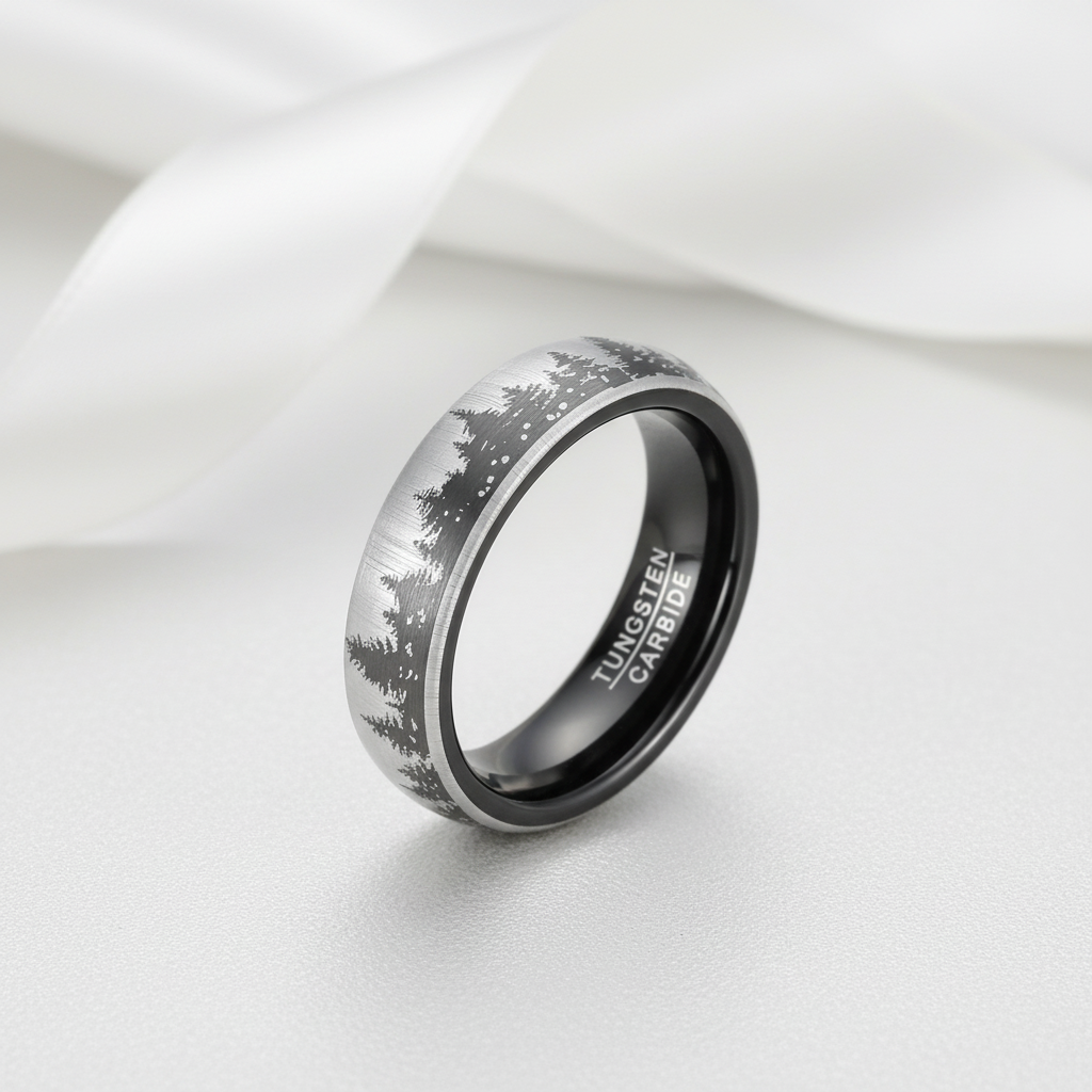 6mm Black Laser Forest Tree Pattern Tungsten Carbide Men's Ring-Black Diamonds New York