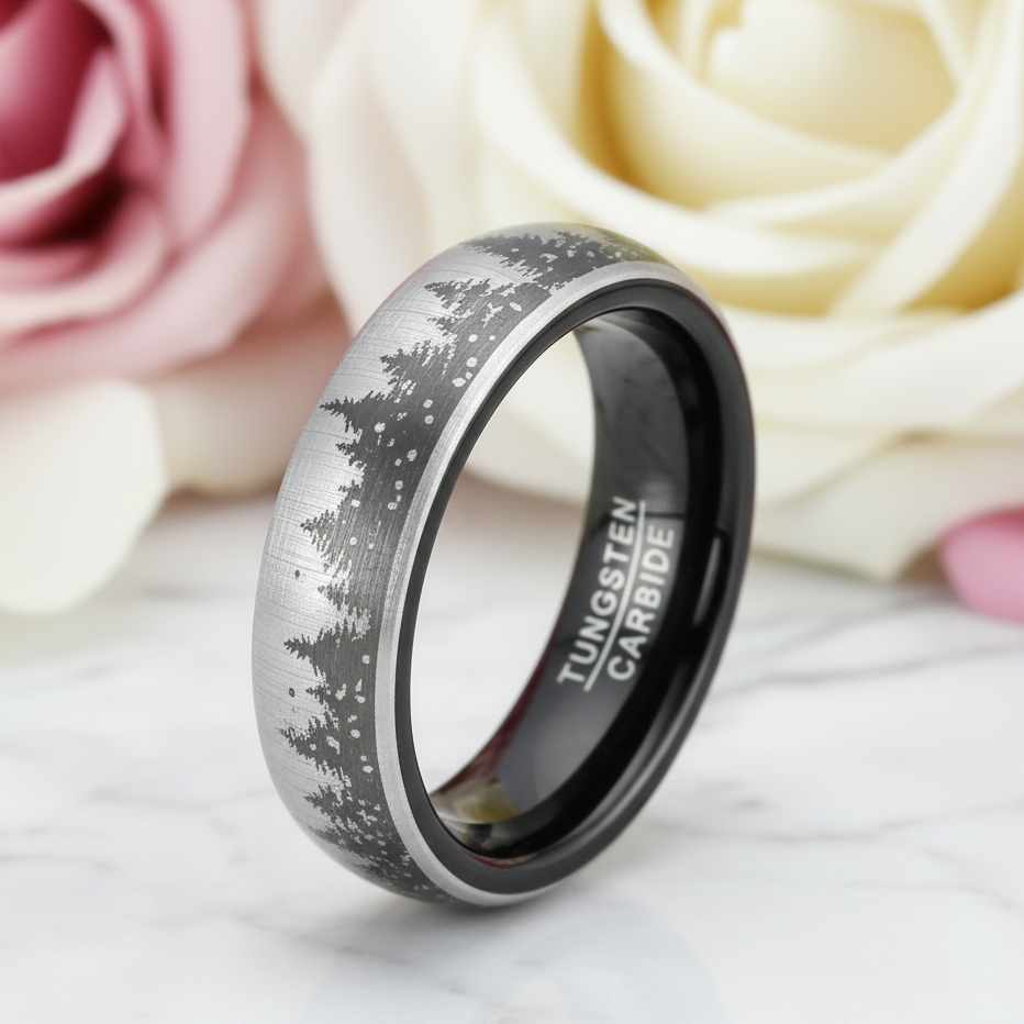 6mm Black Laser Forest Tree Pattern Tungsten Carbide Men's Ring-Black Diamonds New York