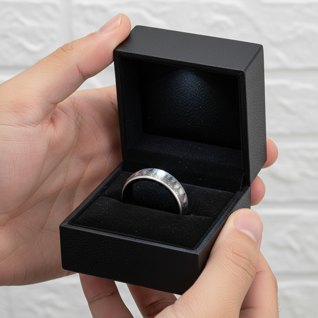 Hand holding a black jewelry box with a silver ring inside against a neutral background