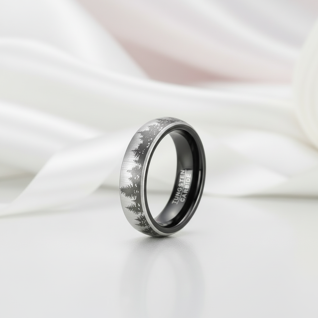 Silver ring with nature design on a white fabric background