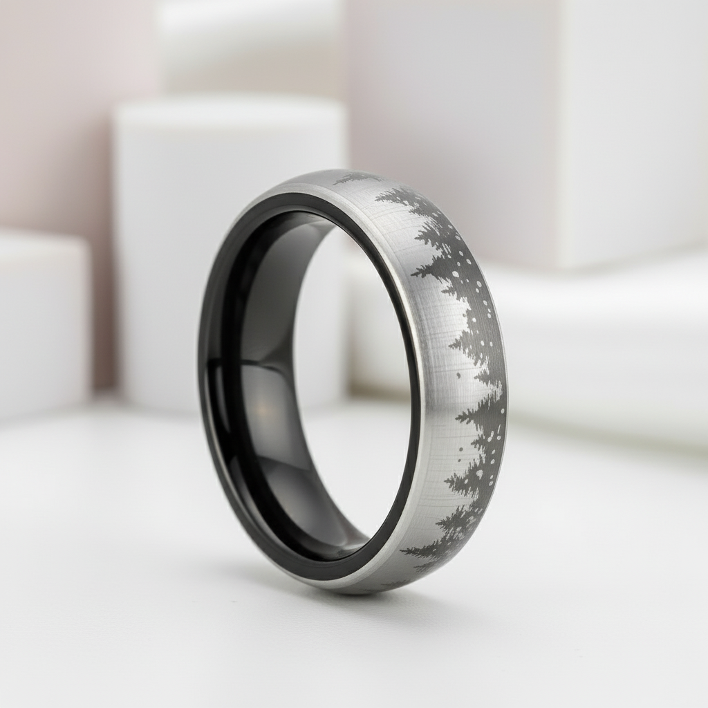 6mm Black Laser Forest Tree Pattern Tungsten Carbide Men's Ring-Black Diamonds New York