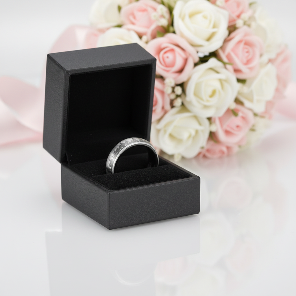 Black jewelry box with a ring inside, placed on a white surface with pink and white flowers in the background.