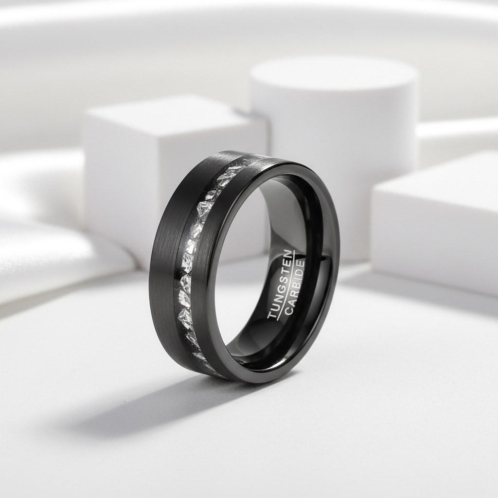 Meteorite Fragments Inlay Brush Black Tungsten Carbide Ring-Black Diamonds New York