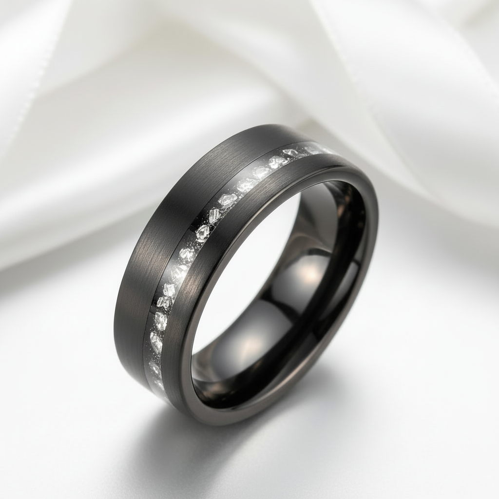 Meteorite Fragments Inlay Brush Black Tungsten Carbide Ring-Black Diamonds New York