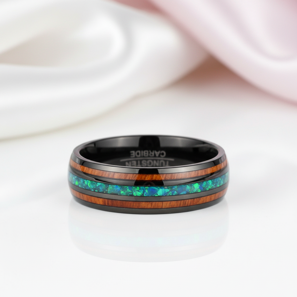 Acacia Wood and Green Opal Tungsten Carbide Ring-Black Diamonds New York