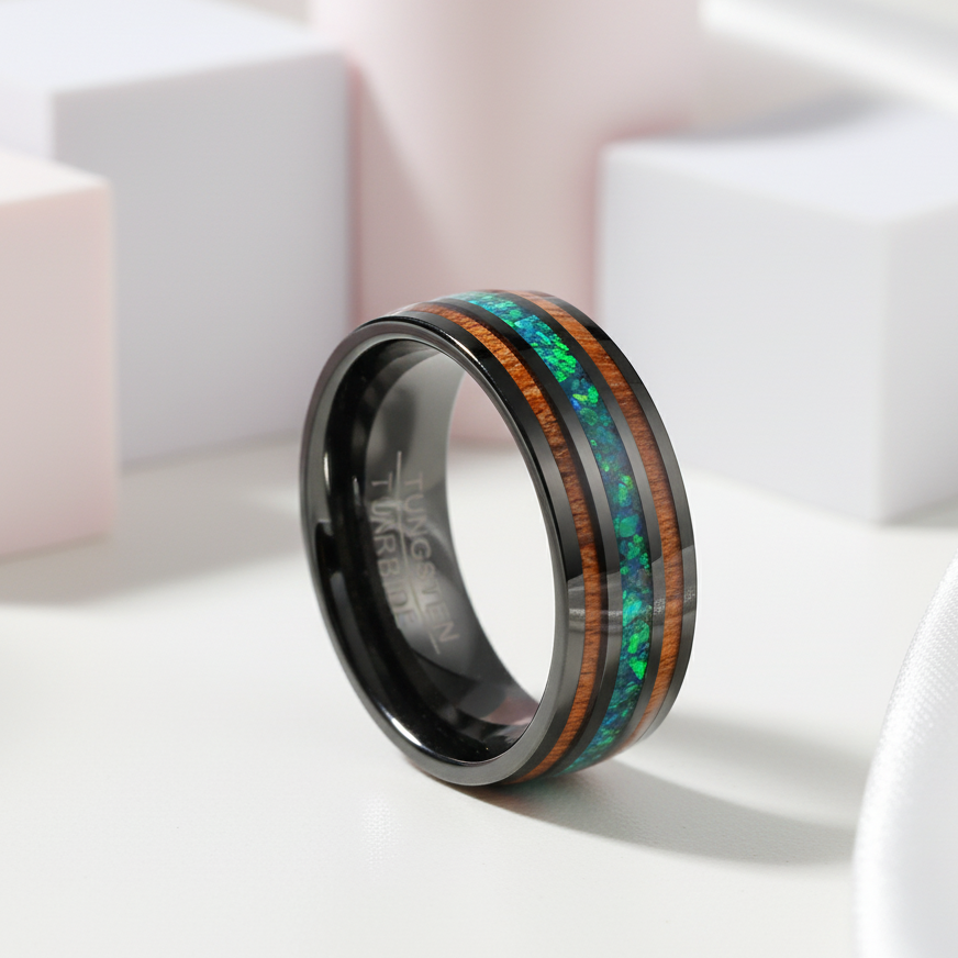 Natural Acacia Wood and Green Opal Tungsten Carbide Ring-Black Diamonds New York