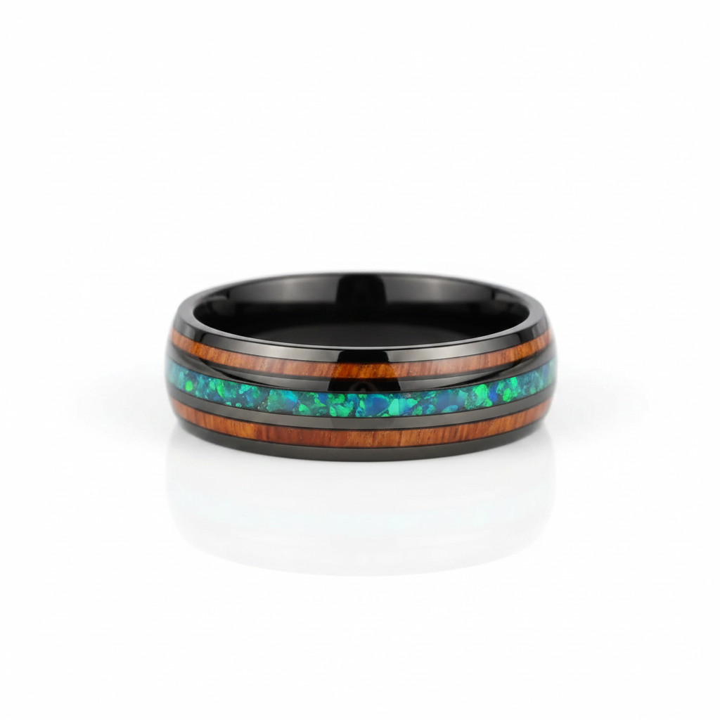 Acacia Wood and Green Opal Tungsten Carbide Ring-Black Diamonds New York