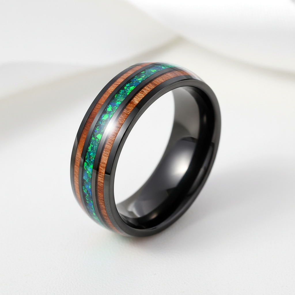 Acacia Wood and Green Opal Tungsten Carbide Ring-Black Diamonds New York