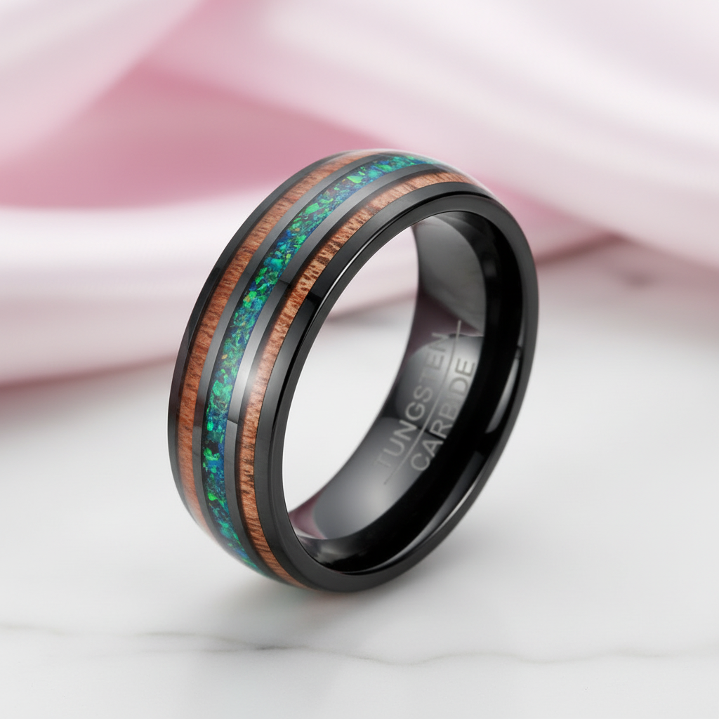 Acacia Wood and Green Opal Tungsten Carbide Ring-Black Diamonds New York