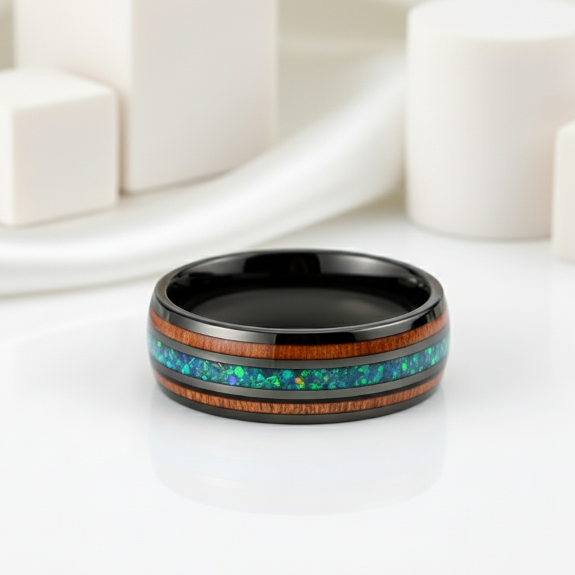 Natural Acacia Wood and Green Opal Tungsten Carbide Ring-Black Diamonds New York