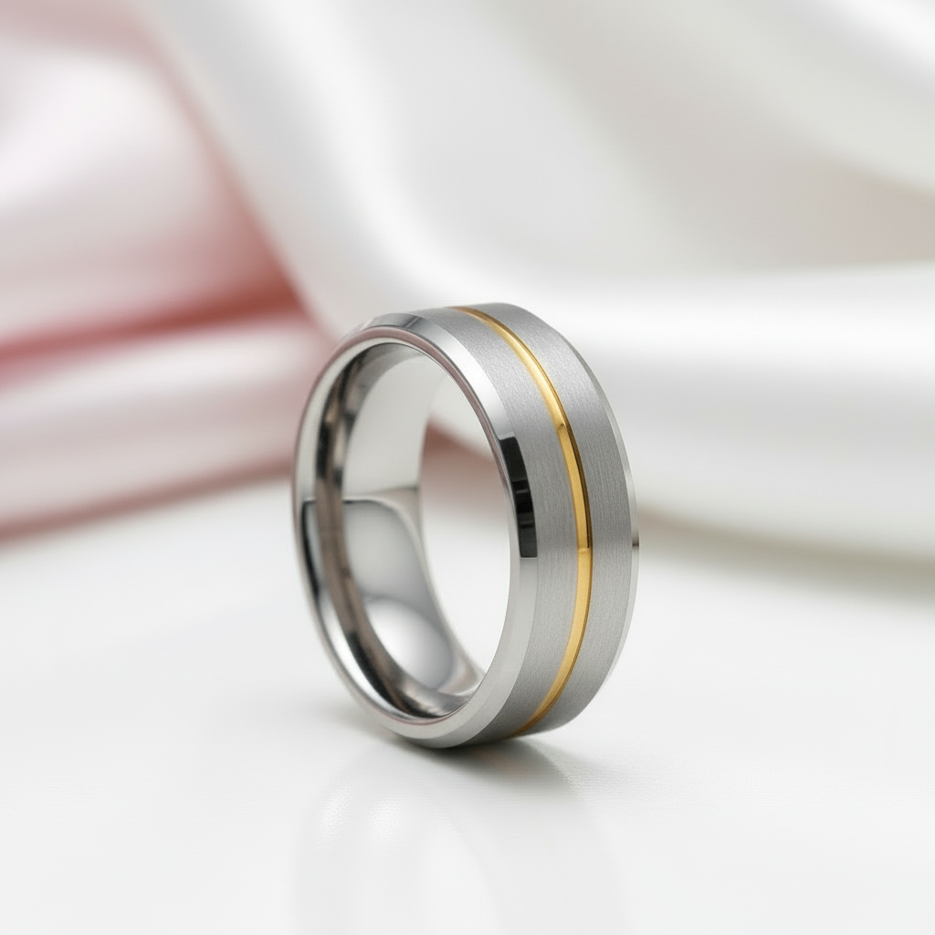 Beveled Edge Tungsten Carbide Men's Ring with Gold Line Inlay-Black Diamonds New York