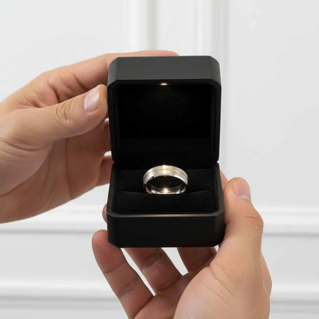 Beveled Edge Tungsten Carbide Men's Ring with Gold Line Inlay-Black Diamonds New York