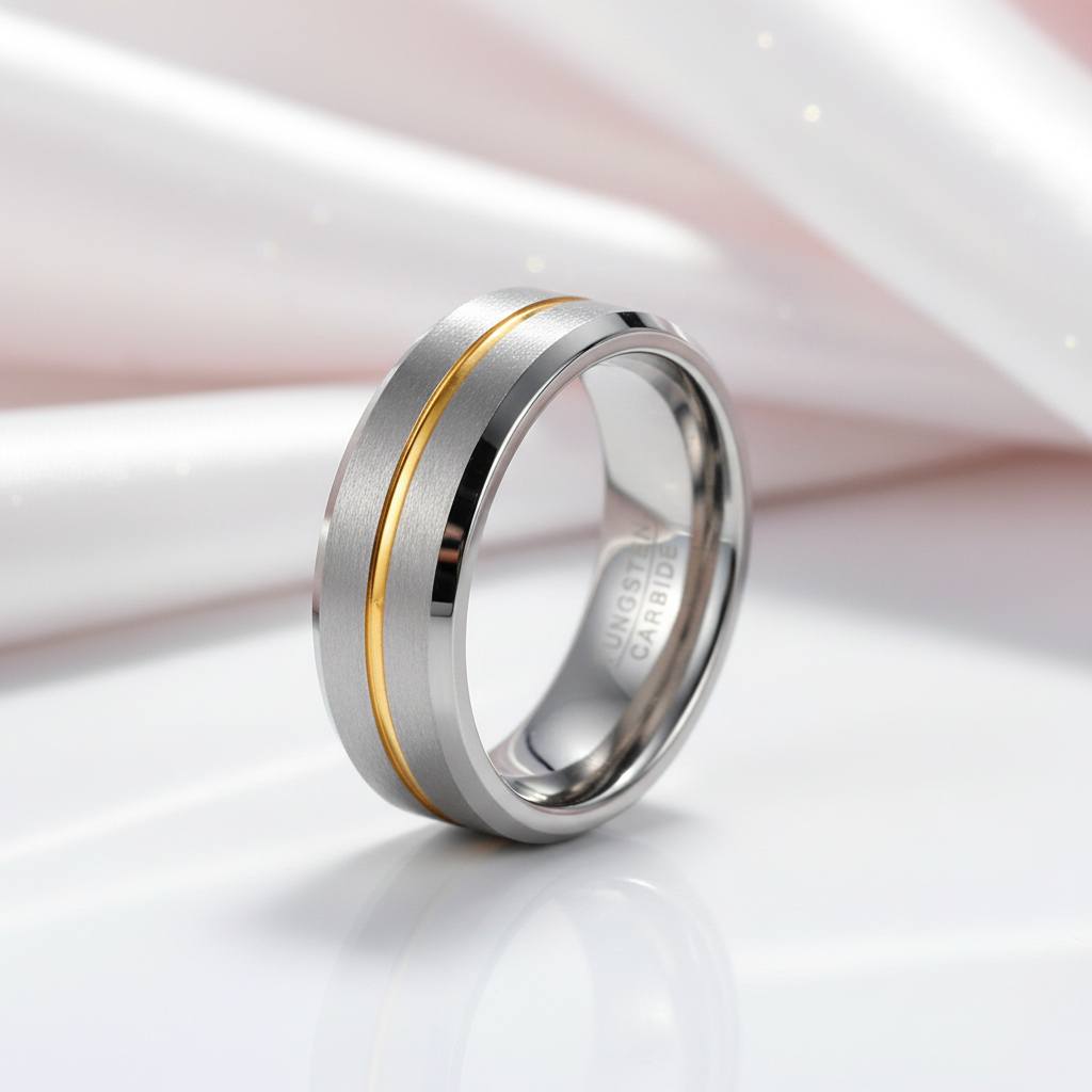 Beveled Edge Tungsten Carbide Men's Ring with Gold Line Inlay-Black Diamonds New York