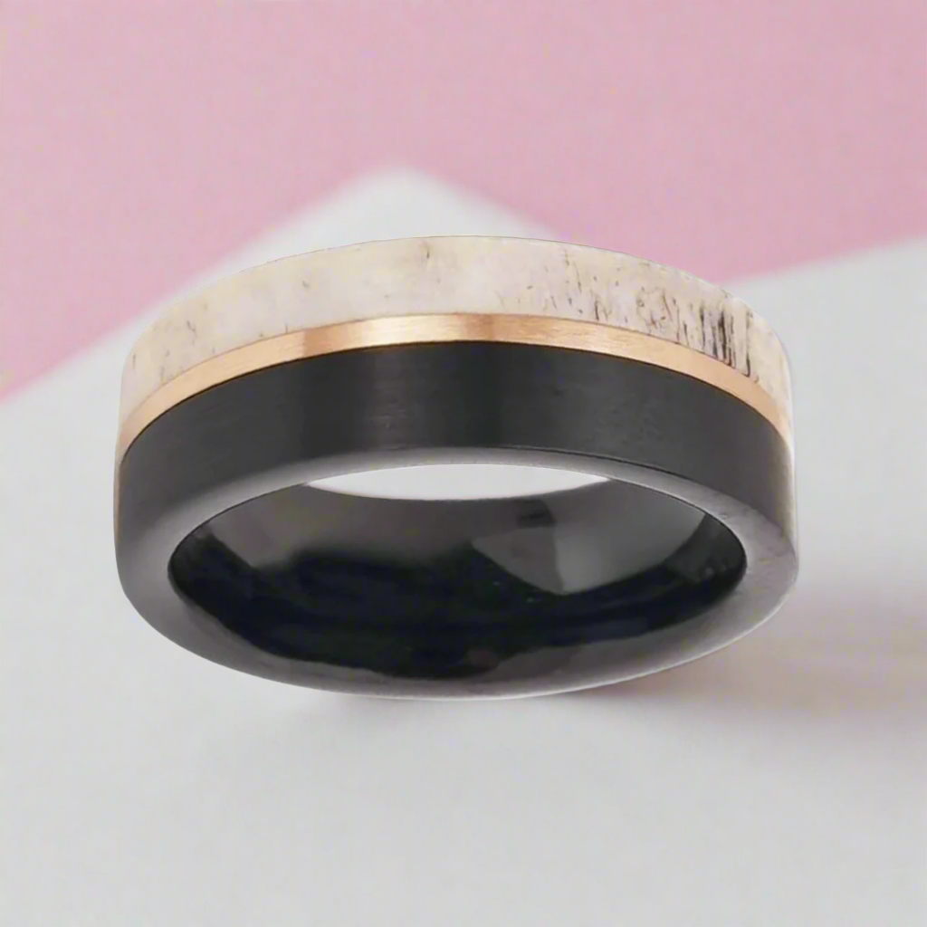 Matte Brush Tungsten Carbide Men's Ring with Deer Antler Inlay-Black Diamonds New York