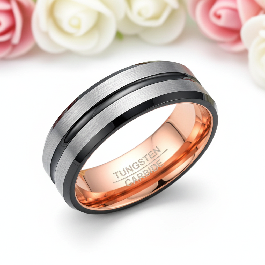 Rose Gold Inner Ring & Black Bevel Groove Tungsten Carbide Men's Ring-Black Diamonds New York