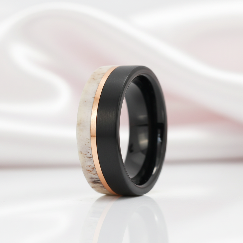 Matte Brush Tungsten Carbide Men's Ring with Deer Antler Inlay-Black Diamonds New York