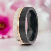 Matte Brush Tungsten Carbide Men's Ring with Deer Antler Inlay-Black Diamonds New York