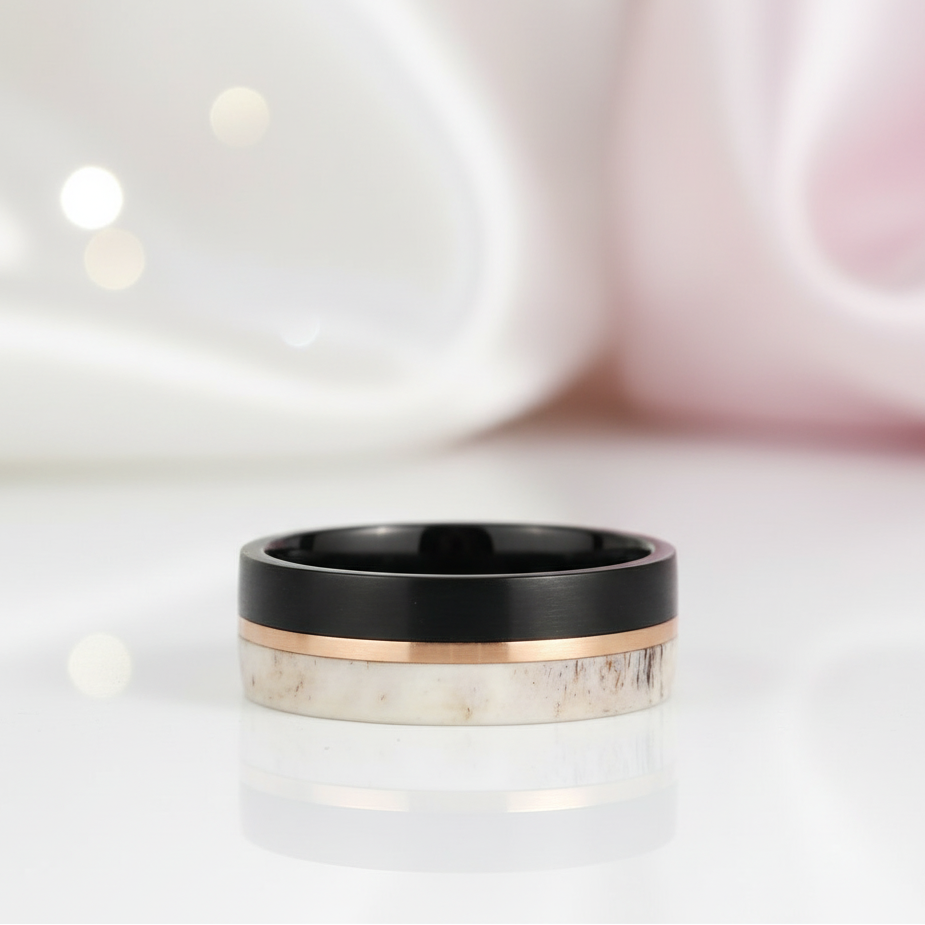 Matte Brush Tungsten Carbide Men's Ring with Deer Antler Inlay-Black Diamonds New York