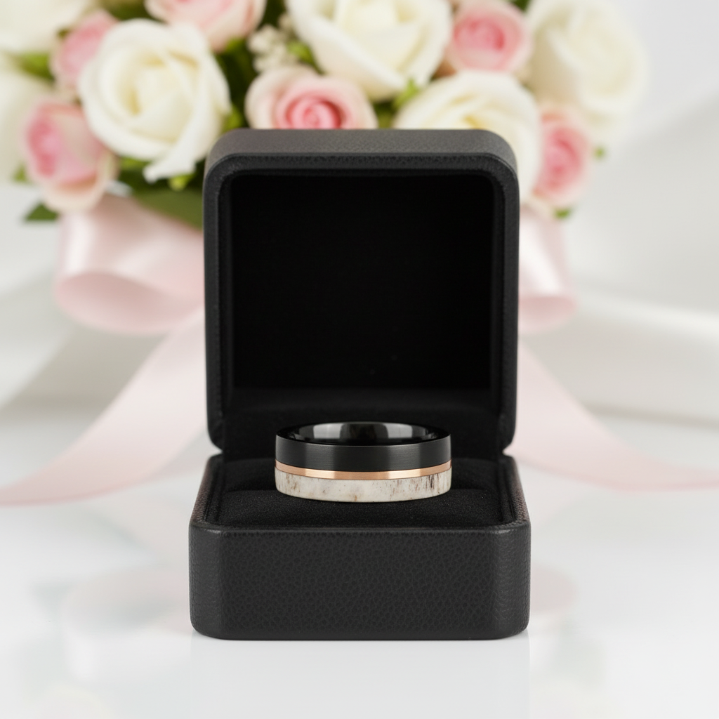 Matte Brush Tungsten Carbide Men's Ring with Deer Antler Inlay-Black Diamonds New York