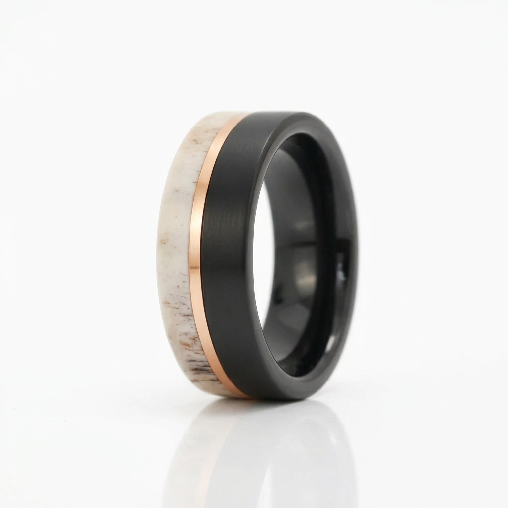 Matte Brush Tungsten Carbide Men's Ring with Deer Antler Inlay-Black Diamonds New York