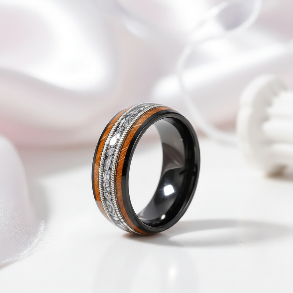 Whiskey Barrel Wood and Guitar Strings Inlay Tungsten Carbide Ring-Black Diamonds New York